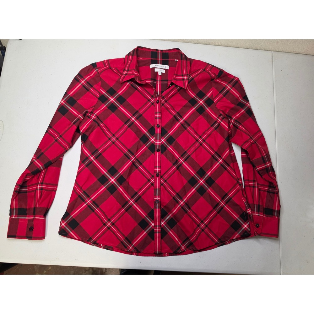 Foxcroft NYC Red Black Plaid Wrinkle Free Button Up Shirt Women 14P Shaped